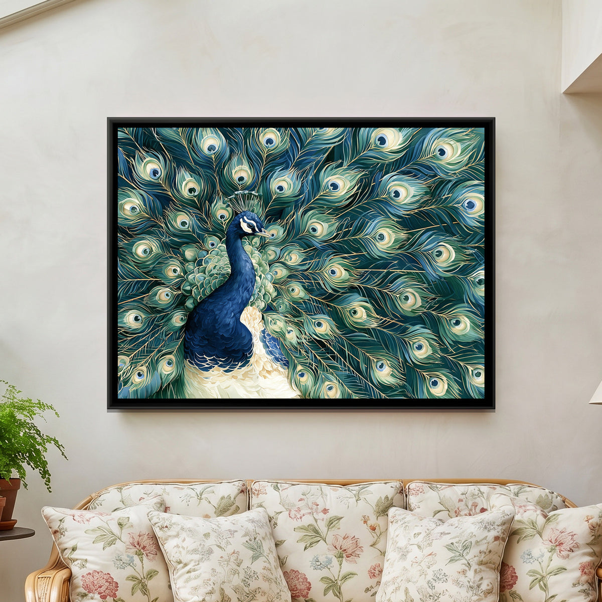 Peacock — framed canvas art hung on a wall