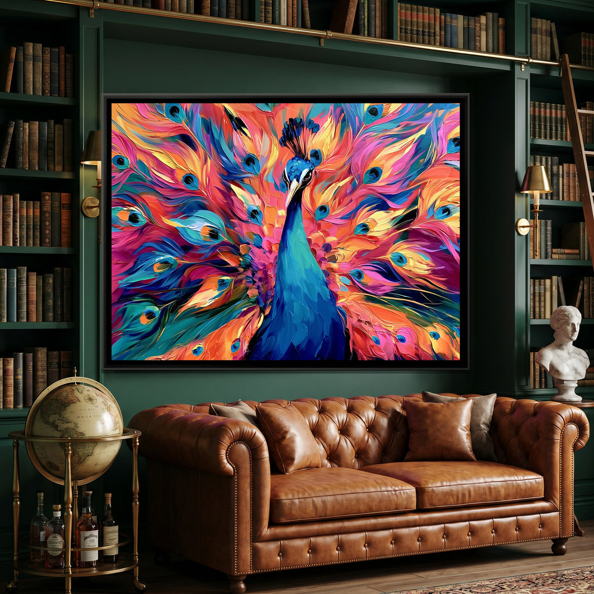 Peacock — canvas art shown in a styled room