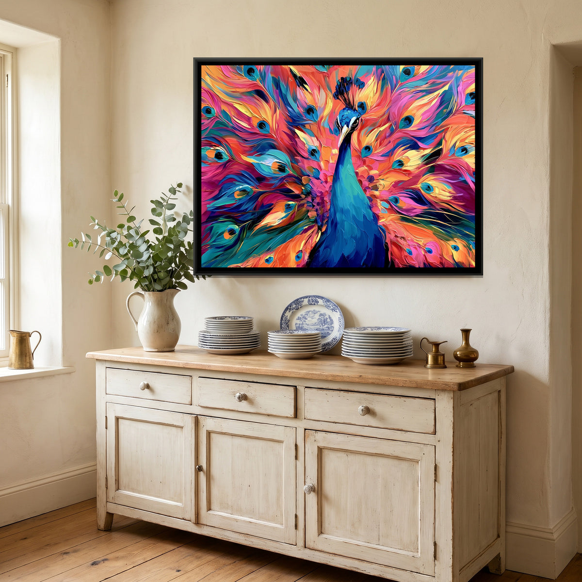 Peacock — canvas art shown in a second room setting