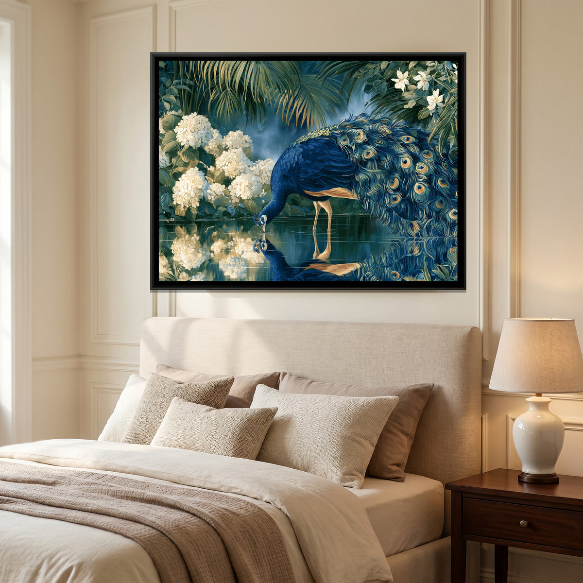 Peacock and White Hydrangeas — canvas art shown in a styled room