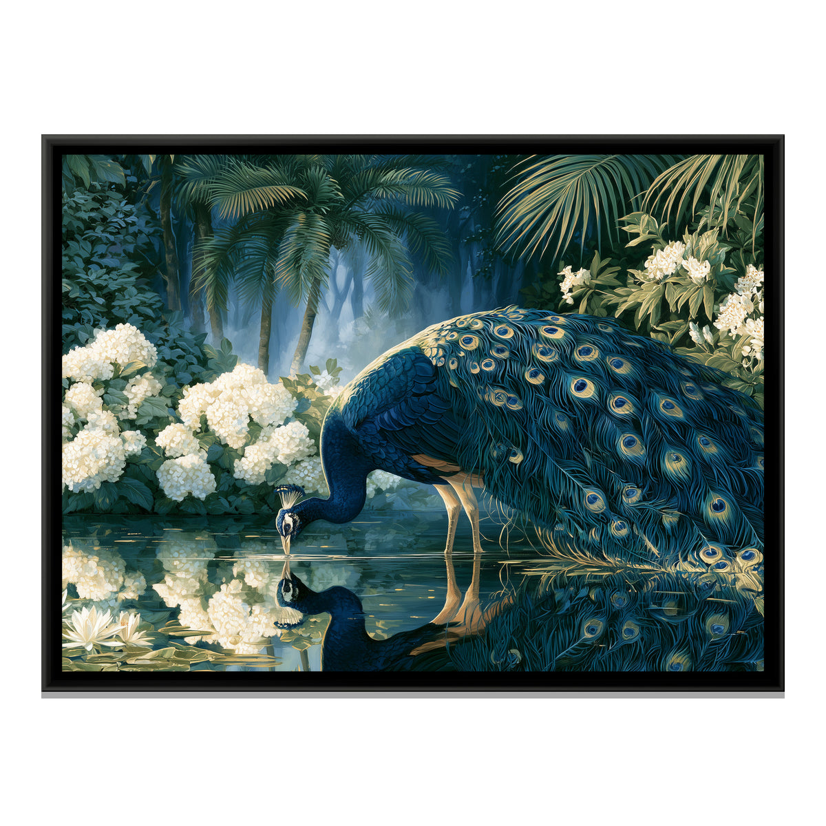 Peacock and White Hydrangeas — framed canvas print, front view