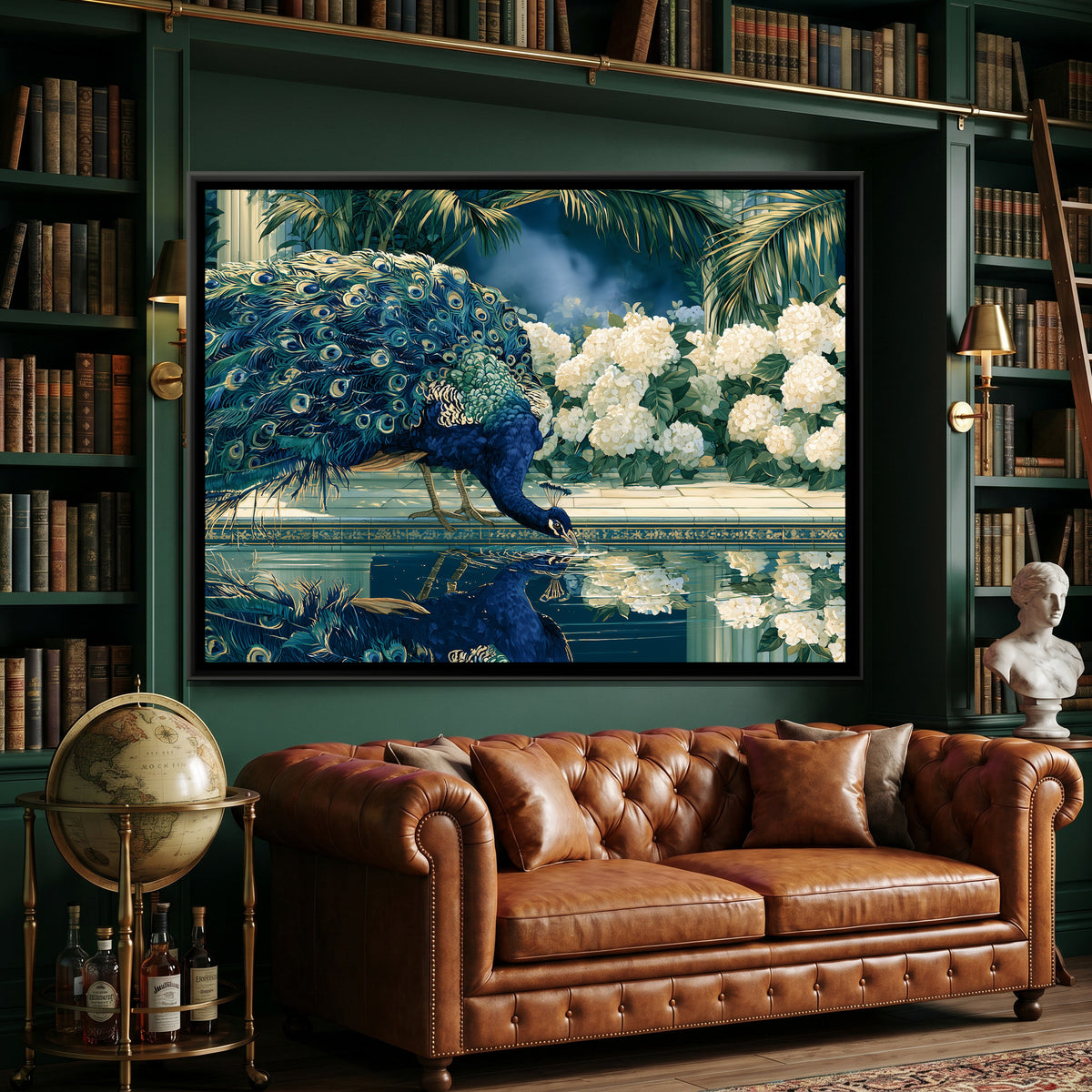 Peacock and White Hydrangeas — canvas art shown in a styled room