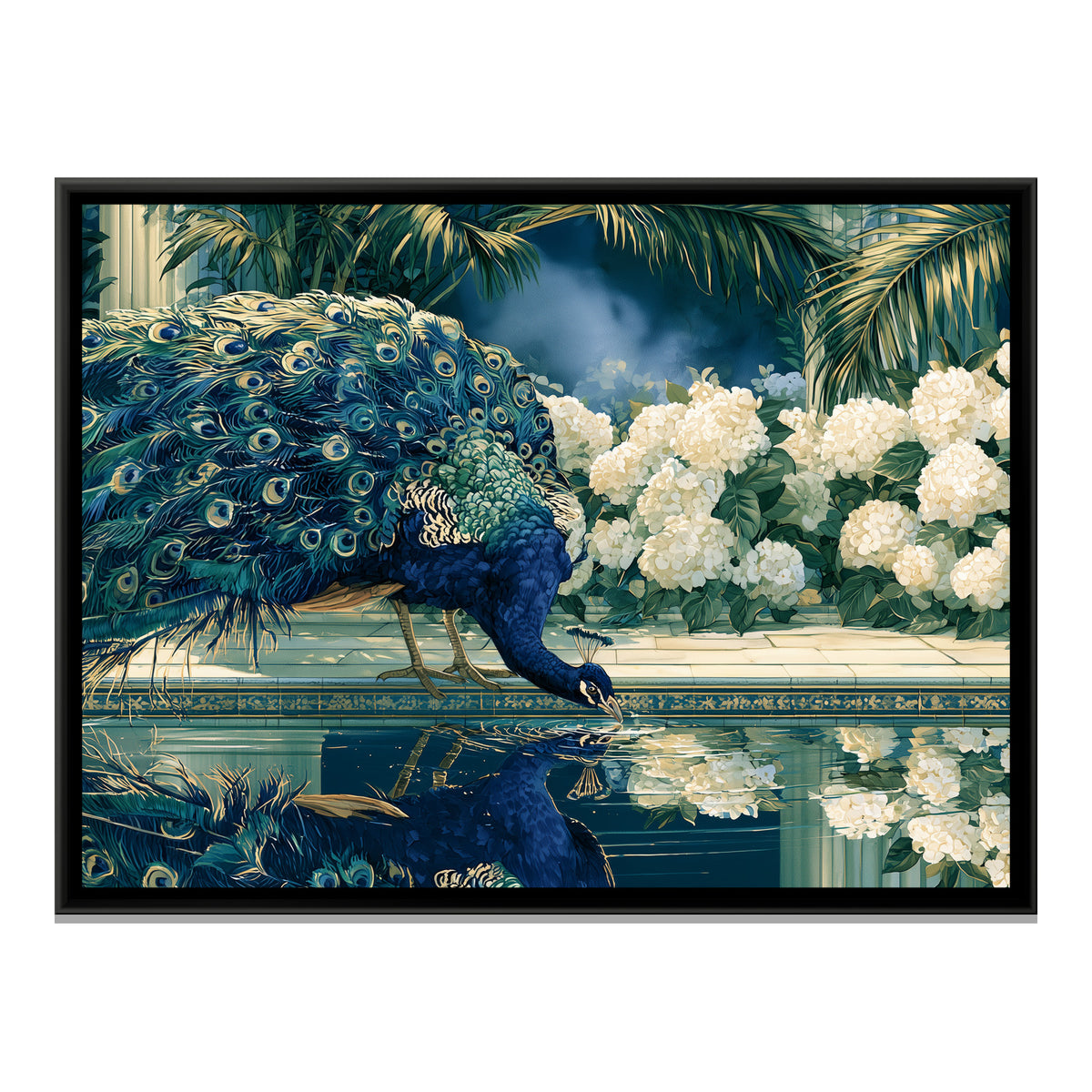 Peacock and White Hydrangeas — framed canvas print, front view