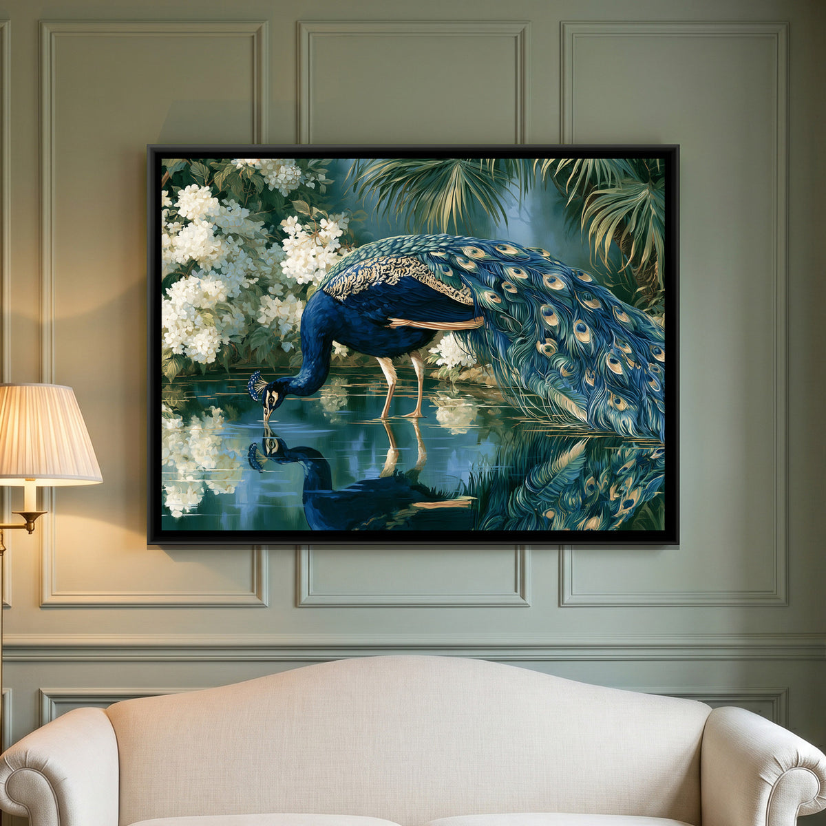 Peacock and White Hydrangeas — framed canvas art hung on a wall