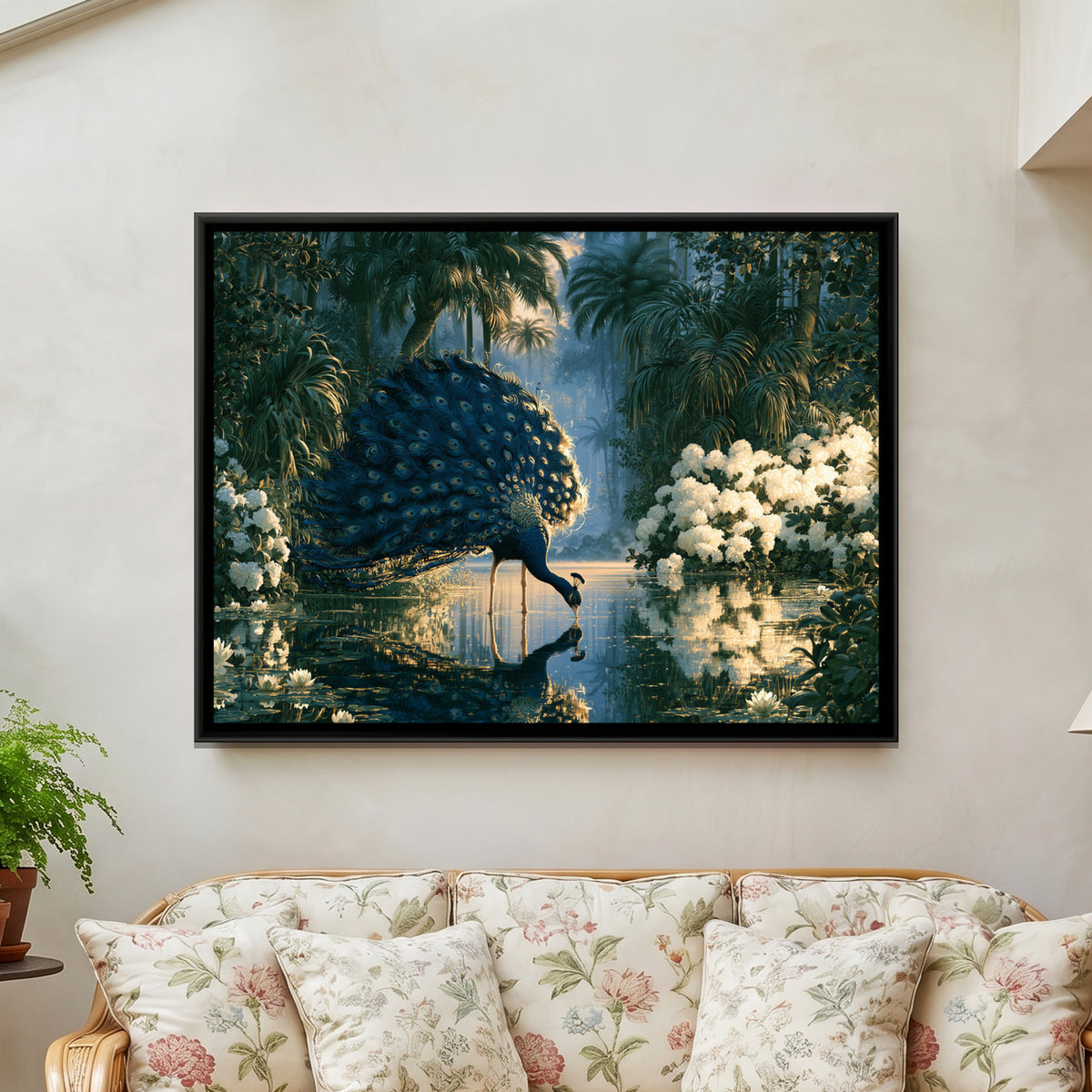 Peacock and White Hydrangeas — framed canvas art hung on a wall