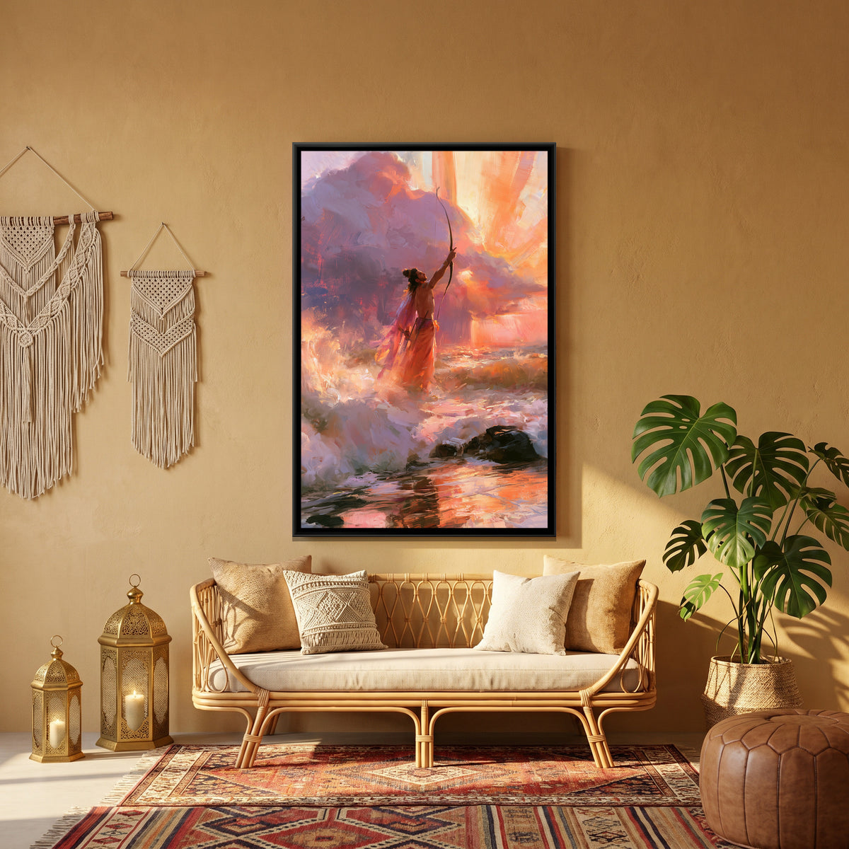 Shri Ram with Bow — canvas art shown in a second room setting