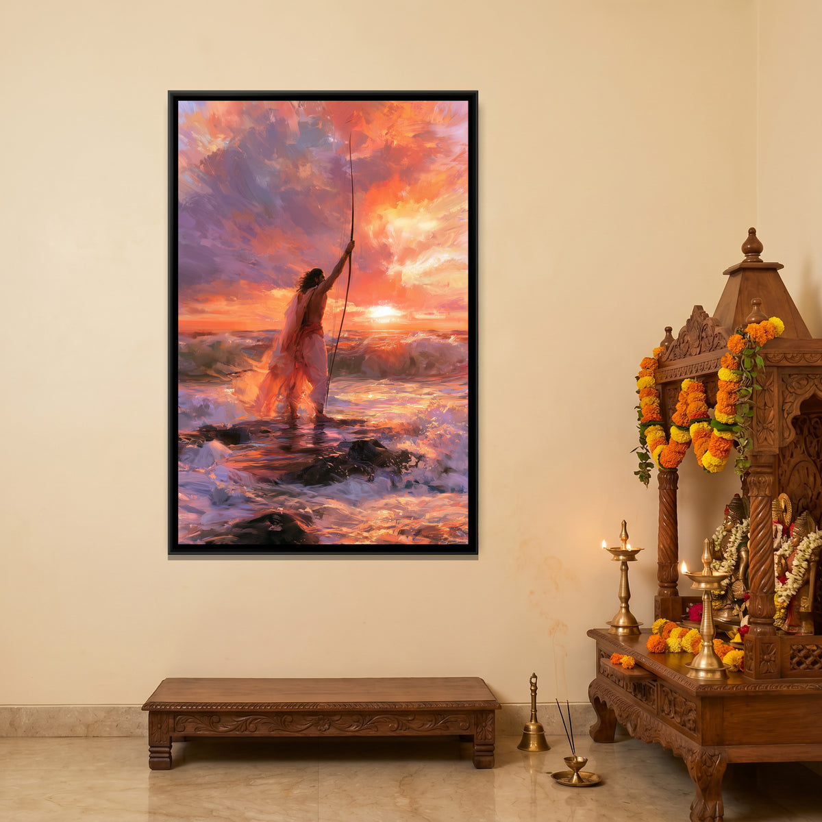 Shri Ram with Bow — canvas art shown in a styled room