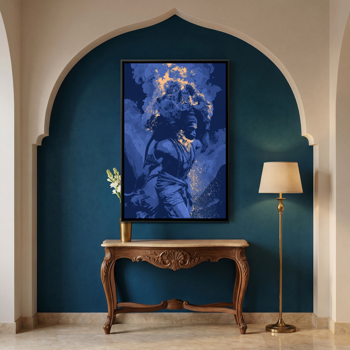 Hanuman Ji with Mountain — canvas art shown in a styled room