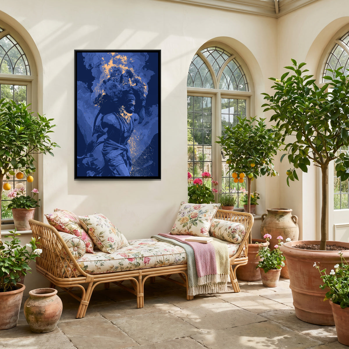 Hanuman Ji with Mountain — canvas art shown in a second room setting