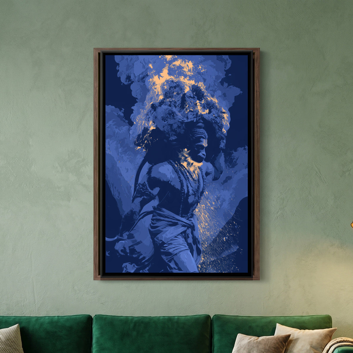 Hanuman Ji with Mountain — framed canvas art hung on a wall
