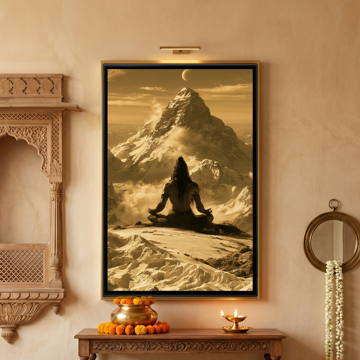 Mahadev Meditating — framed canvas art hung on a wall