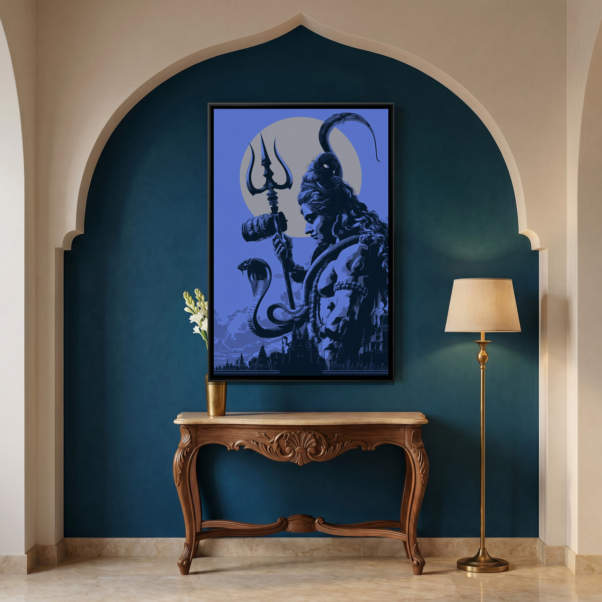 Mahadev with Trishul — canvas art shown in a styled room