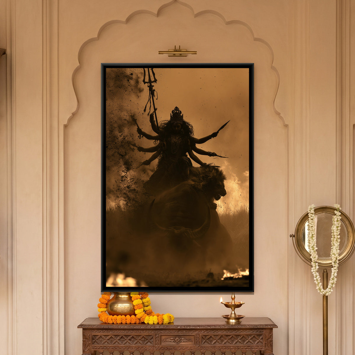 Maa Durga and Mahishasura — framed canvas art hung on a wall