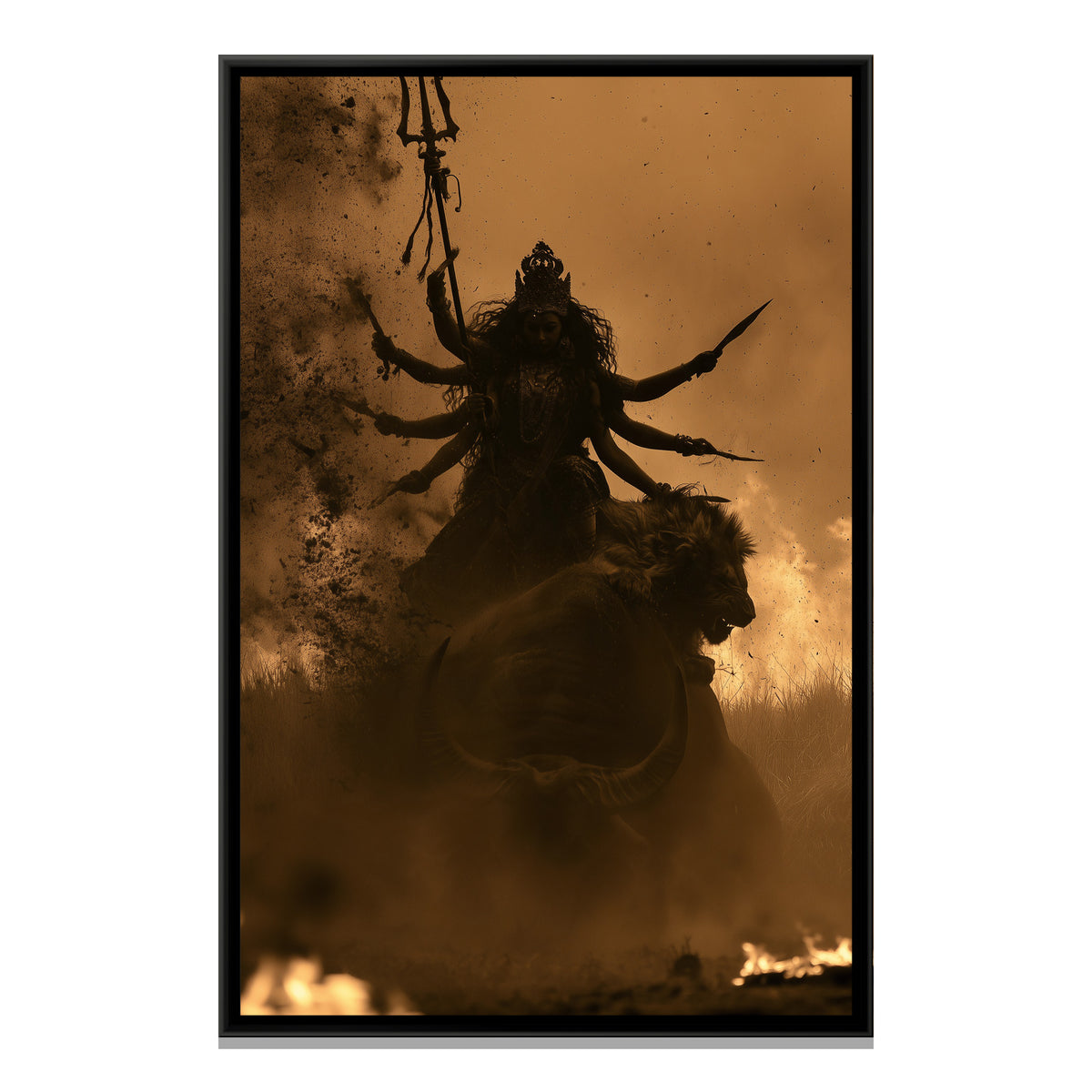 Maa Durga and Mahishasura — framed canvas print, front view