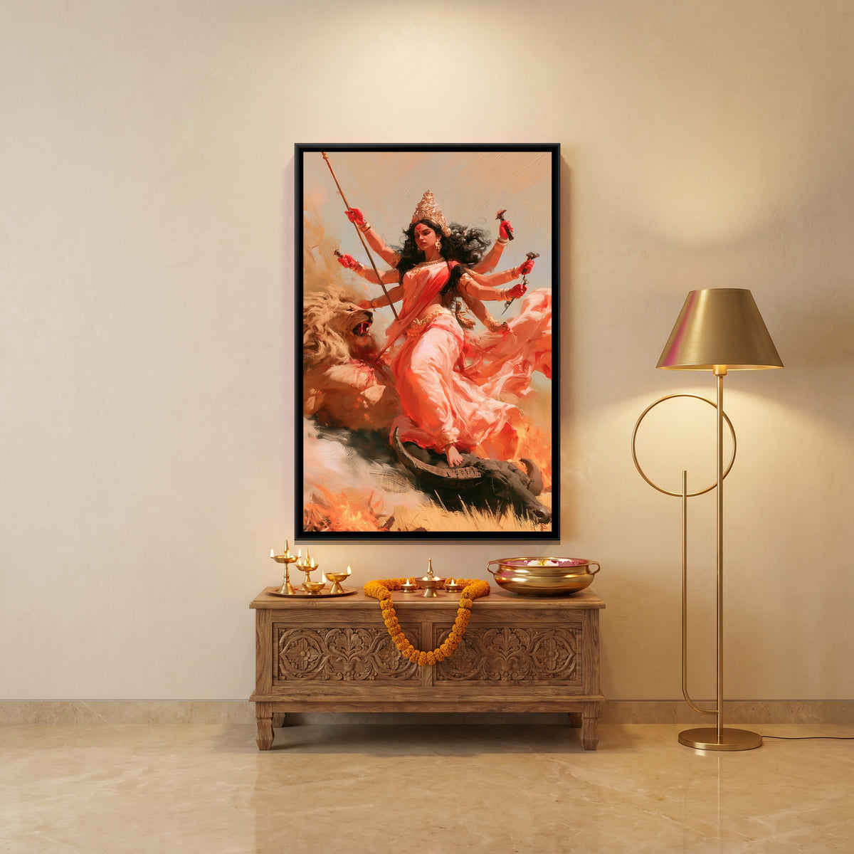 Maa Durga and Mahishasura — canvas art shown in a second room setting