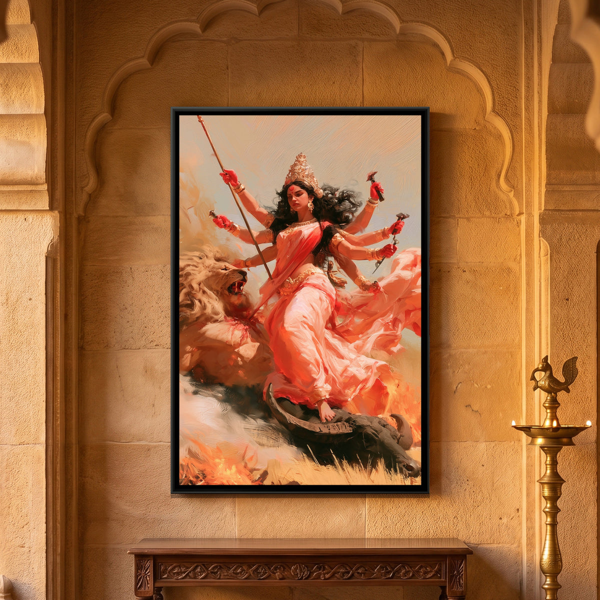 Maa Durga and Mahishasura — framed canvas art hung on a wall