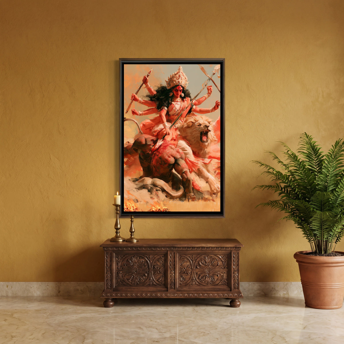Maa Durga and Mahishasura — canvas art shown in a styled room