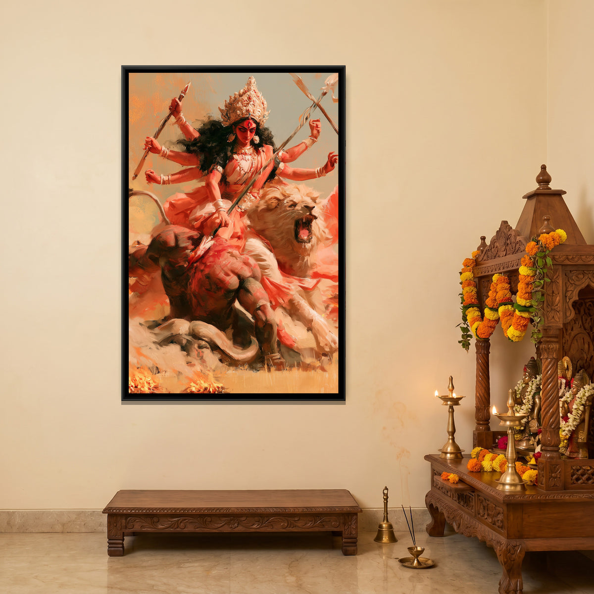 Maa Durga and Mahishasura — canvas art shown in a second room setting