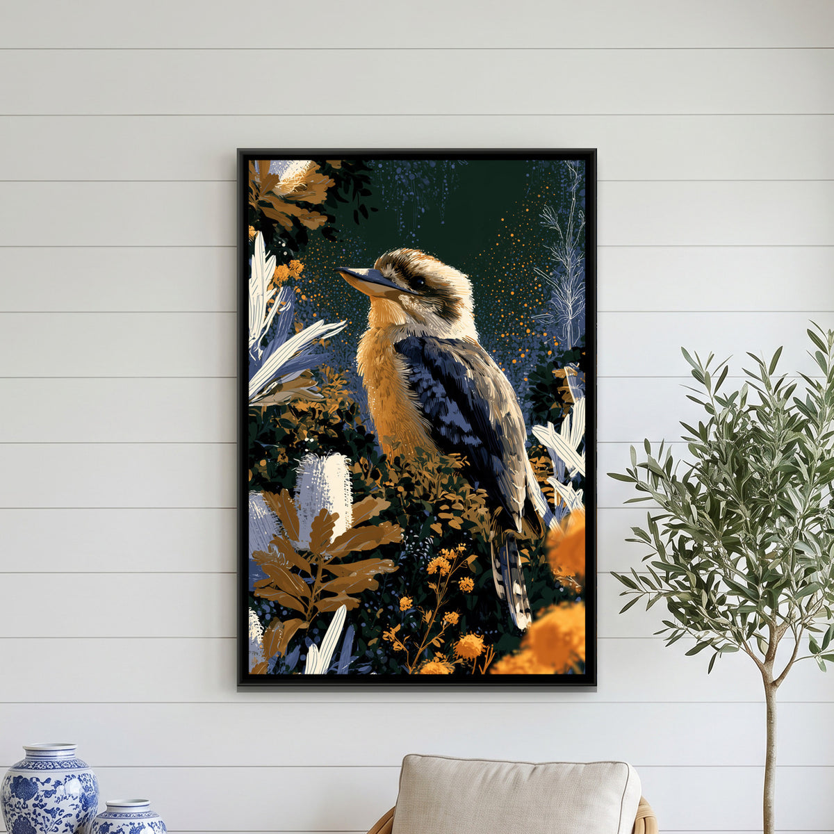 Kookaburra — framed canvas art hung on a wall