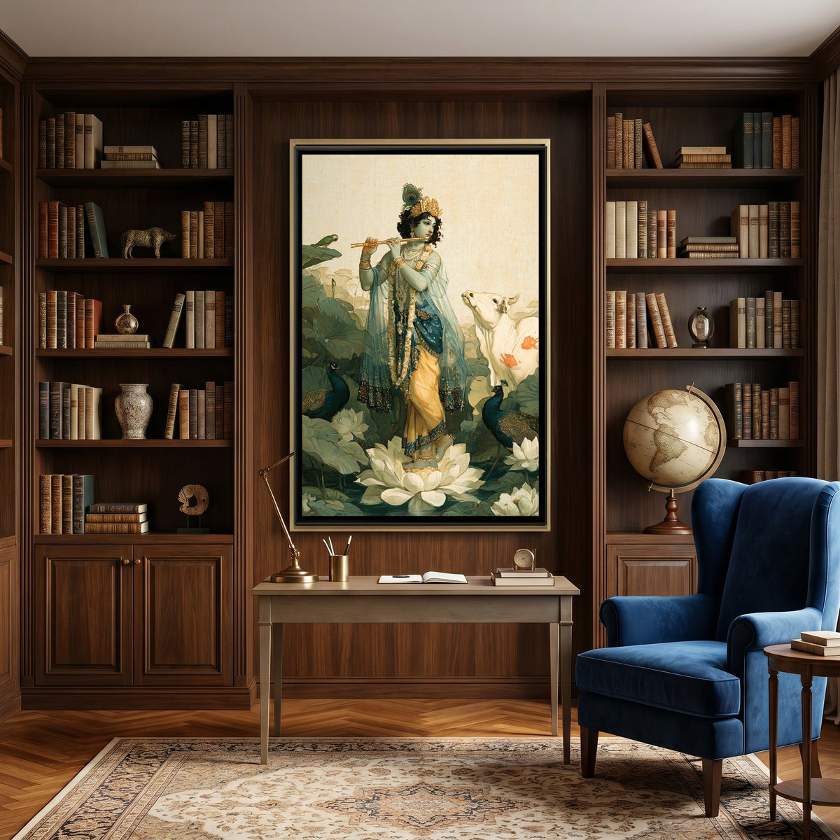 Shri Krishna on Lotus — canvas art shown in a styled room