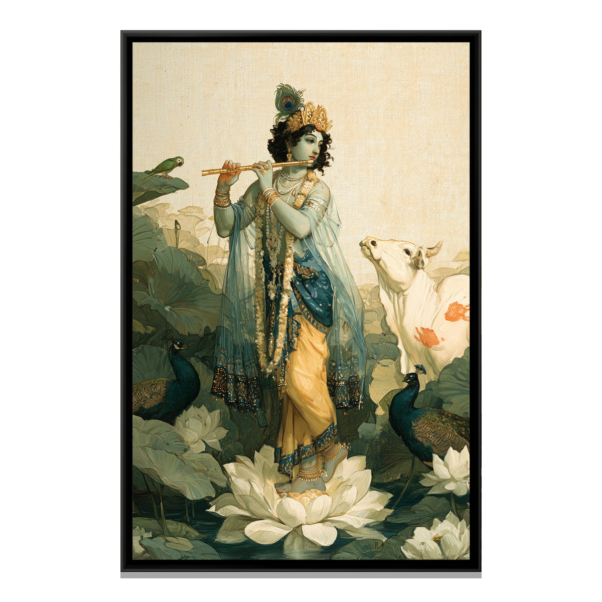 Shri Krishna on Lotus — framed canvas print, front view