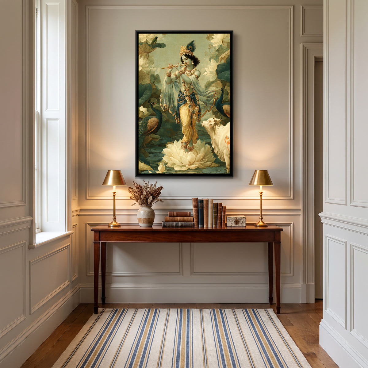 Shri Krishna on Lotus — canvas art shown in a second room setting
