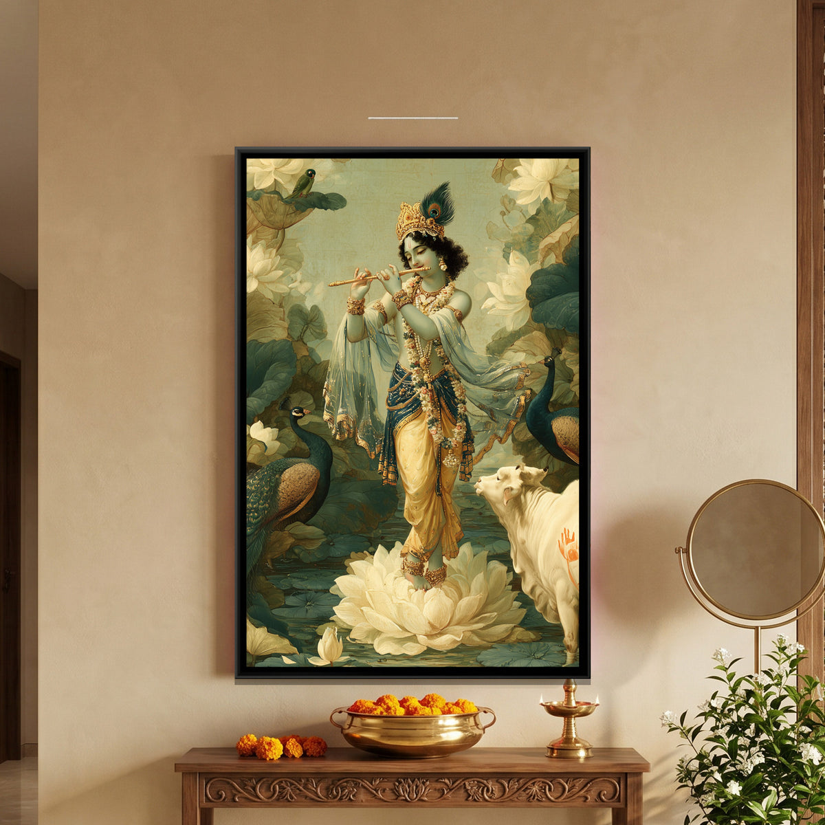 Shri Krishna on Lotus — framed canvas art hung on a wall