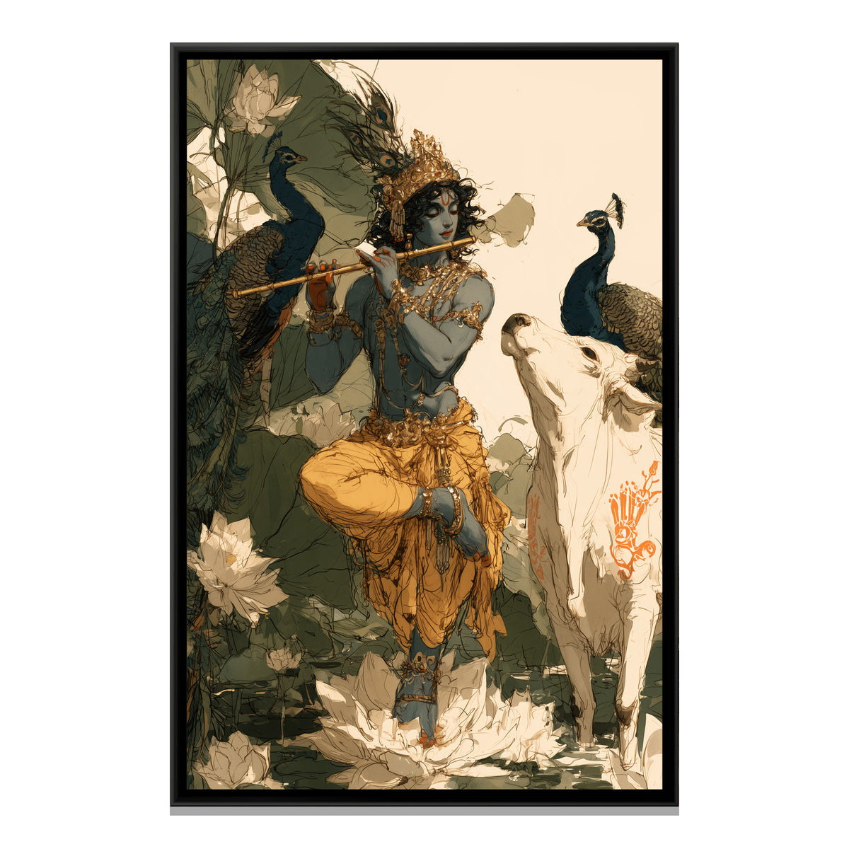 Shri Krishna on Lotus — framed canvas print, front view