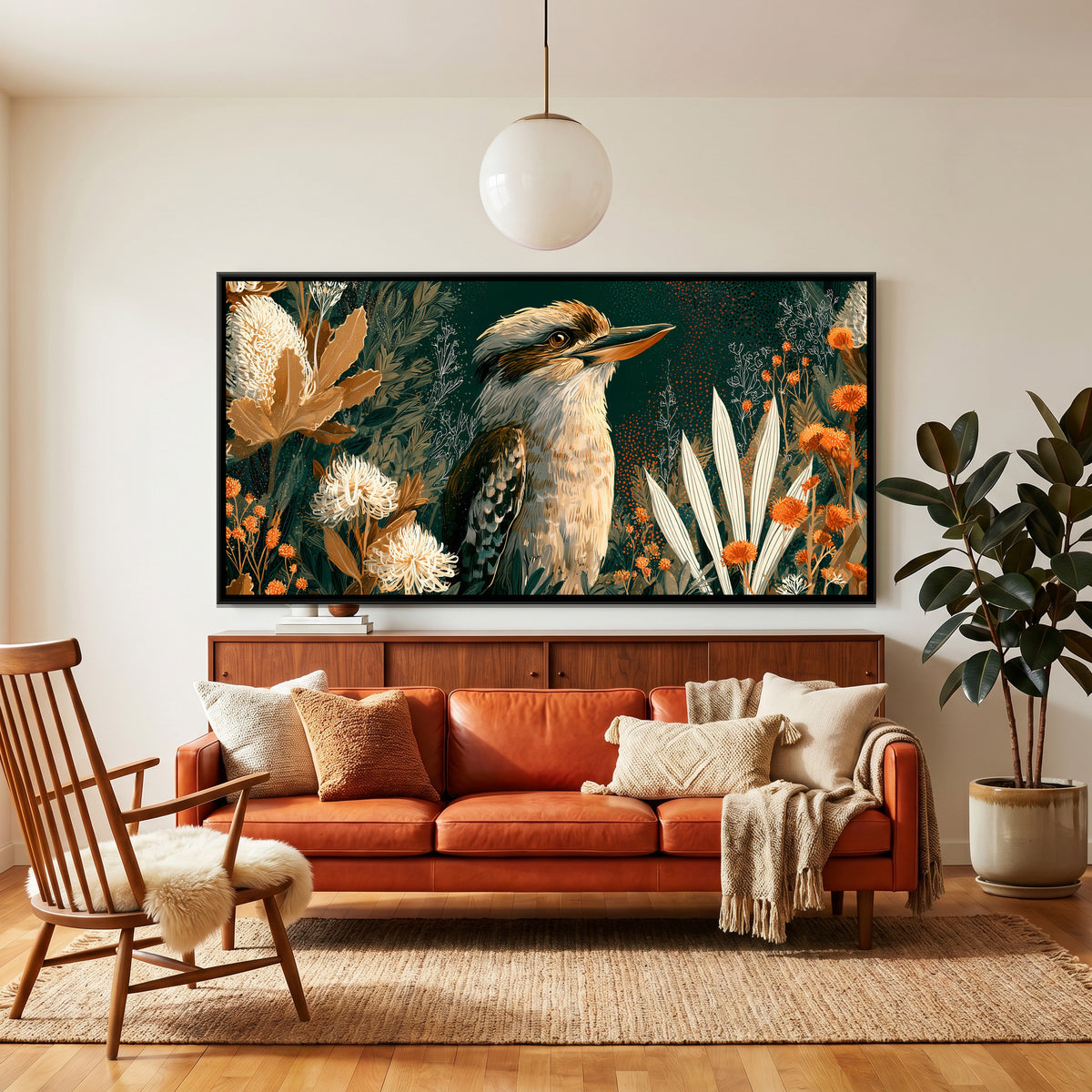 Kookaburra — canvas art shown in a styled room