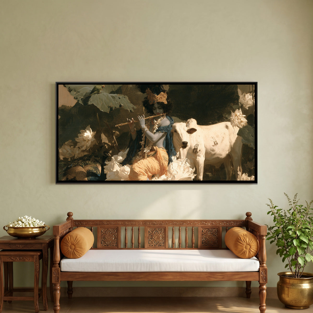 Shri Krishna on Lotus — framed canvas art hung on a wall