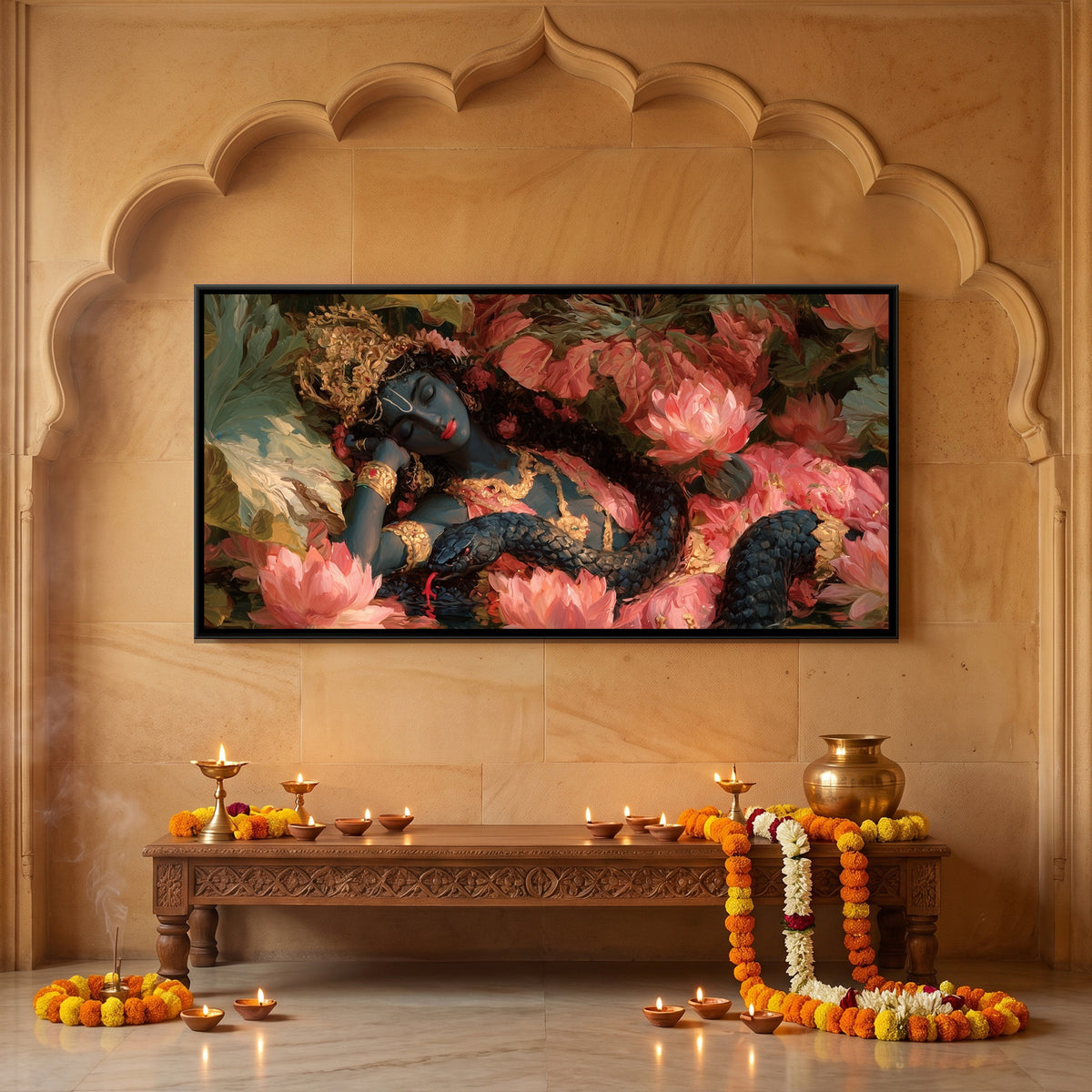 Shri Vishnu on Sheshnag — framed canvas art hung on a wall