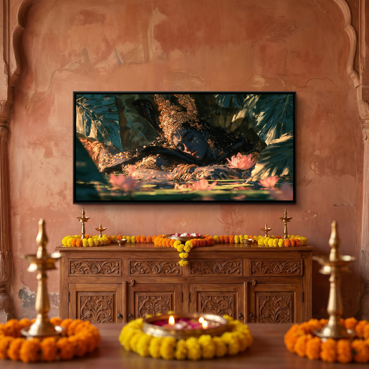 Reclining Shri Vishnu — canvas art shown in a styled room