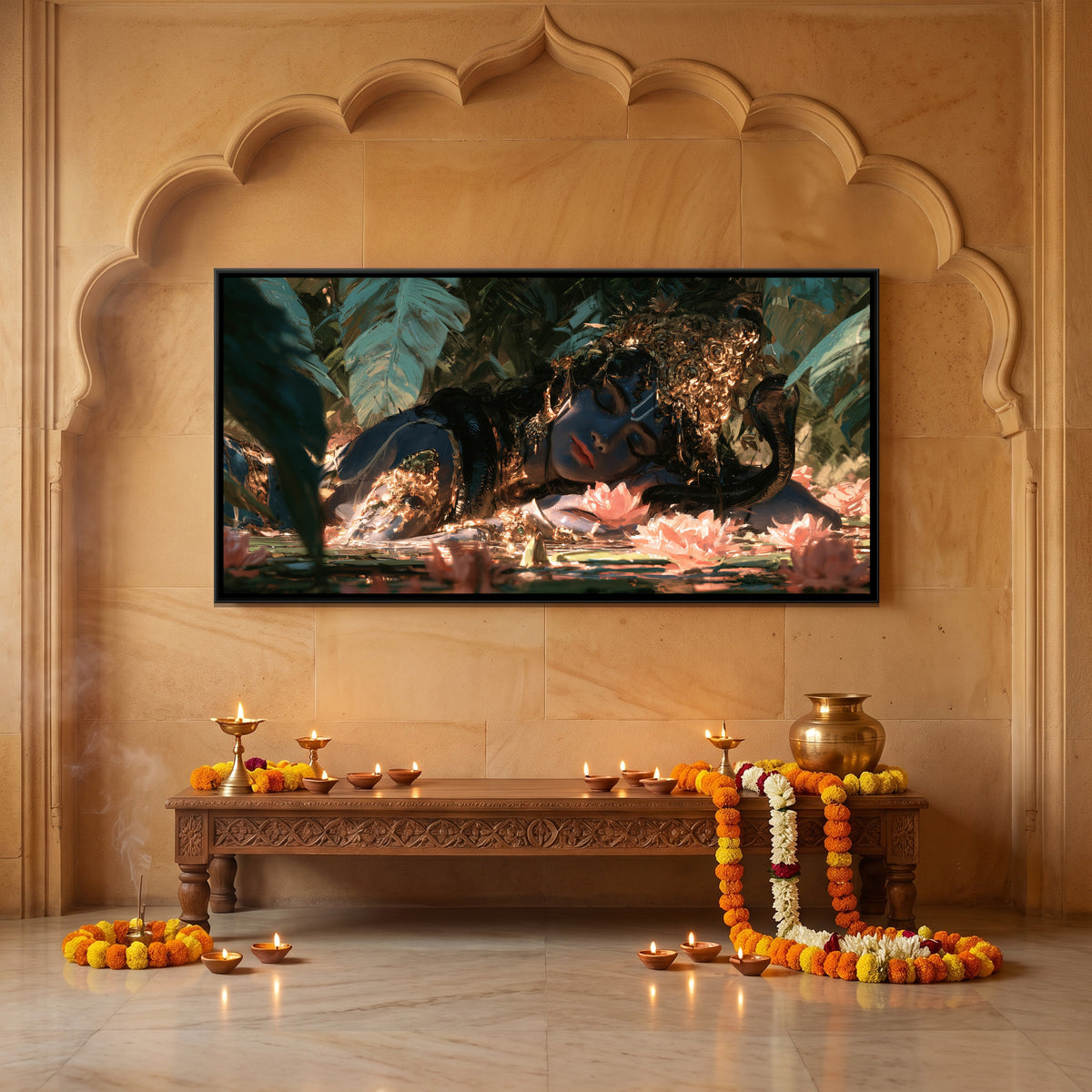 Reclining Shri Vishnu — canvas art shown in a styled room