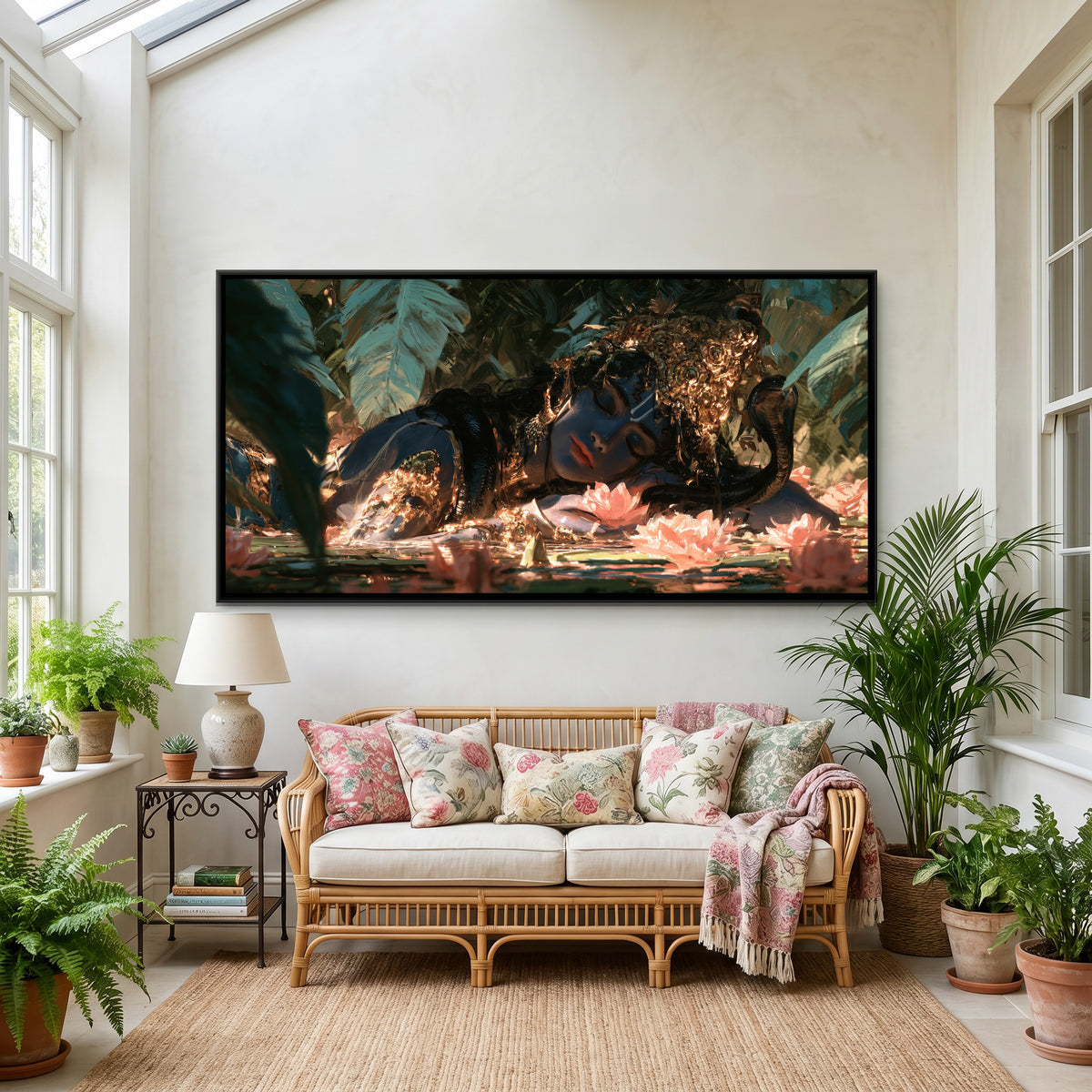 Reclining Shri Vishnu — canvas art shown in a second room setting