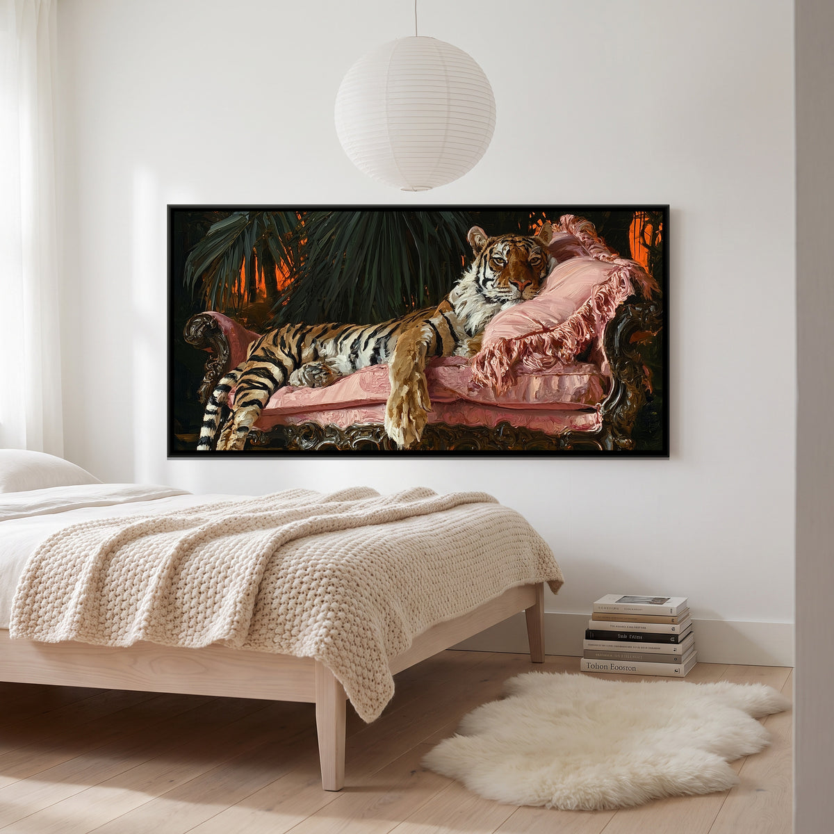 Tiger on Pink Sofa — canvas art shown in a styled room