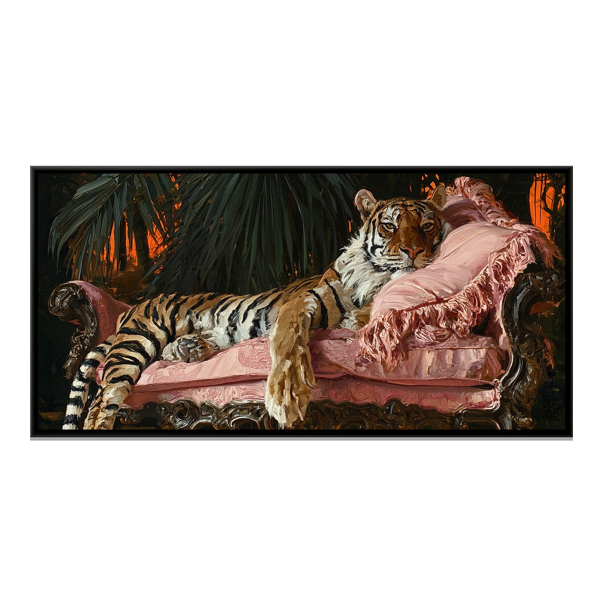 Tiger on Pink Sofa — framed canvas print, front view
