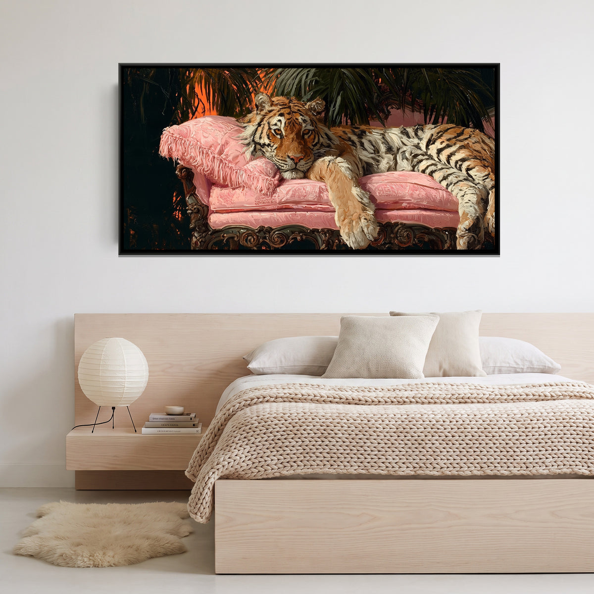 Tiger on Pink Sofa — canvas art shown in a styled room