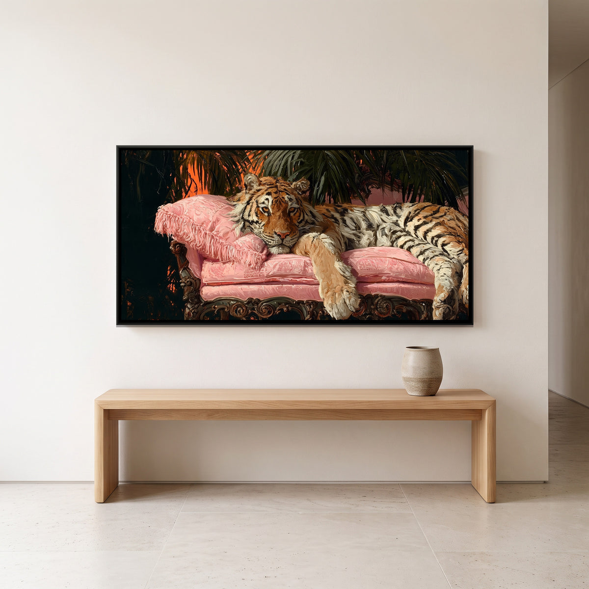 Tiger on Pink Sofa — canvas art shown in a second room setting