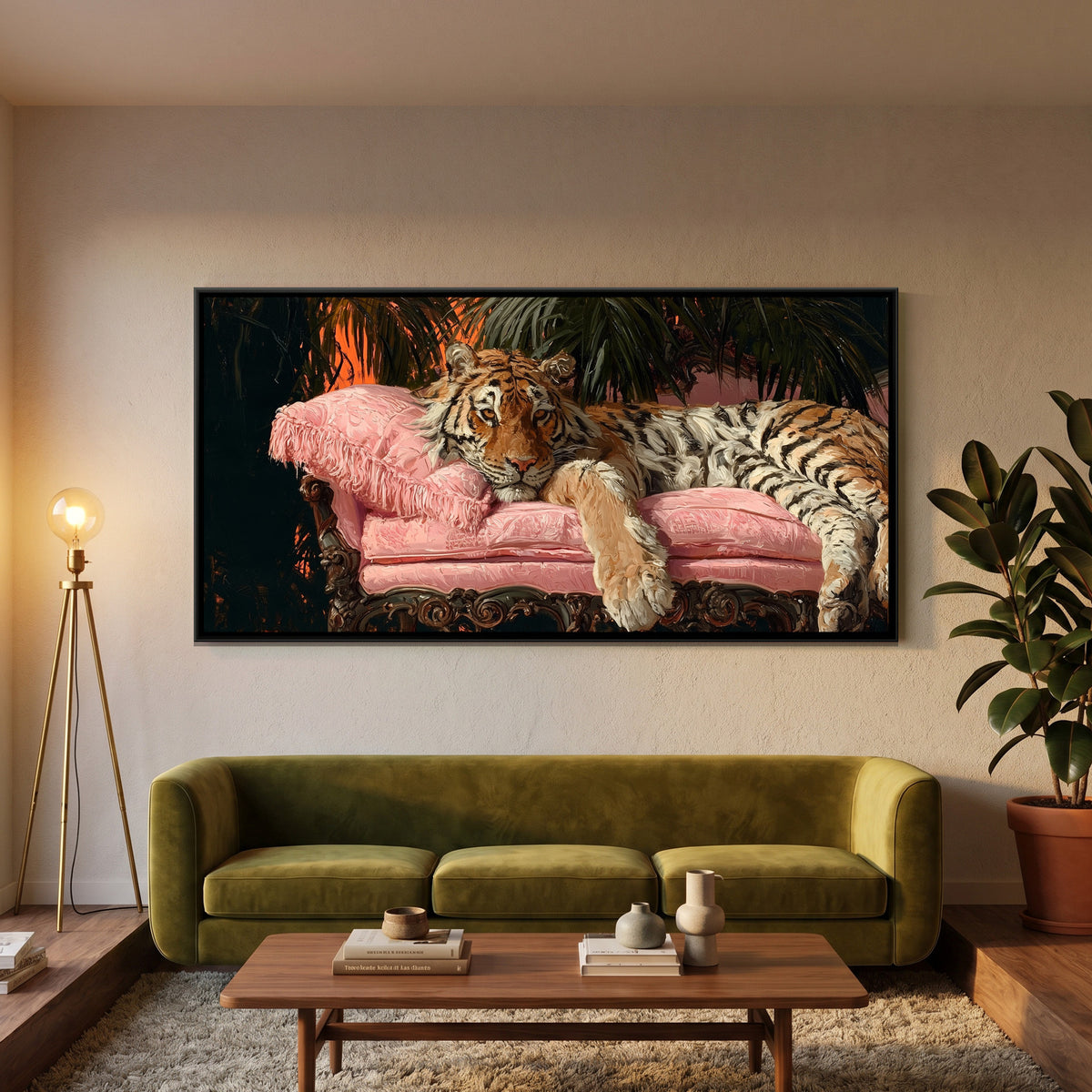 Tiger on Pink Sofa — framed canvas art hung on a wall