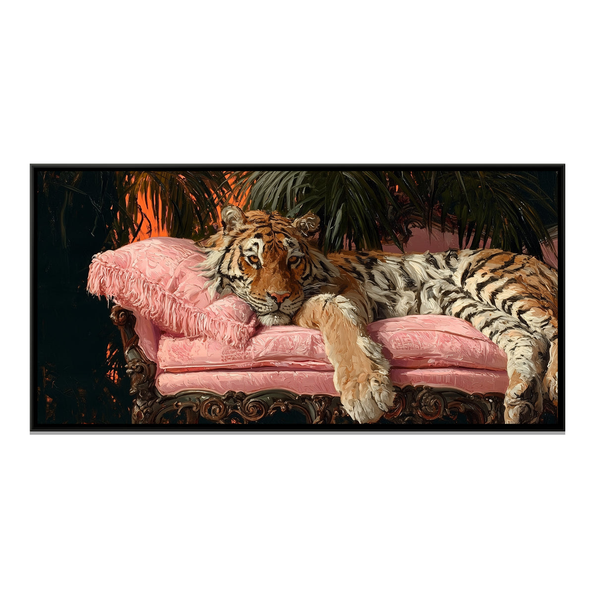 Tiger on Pink Sofa — framed canvas print, front view