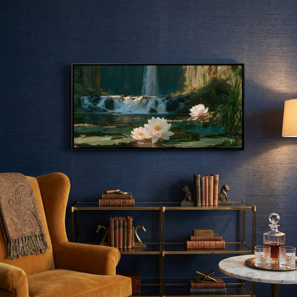 Waterfall and Water Lilies — canvas art shown in a styled room