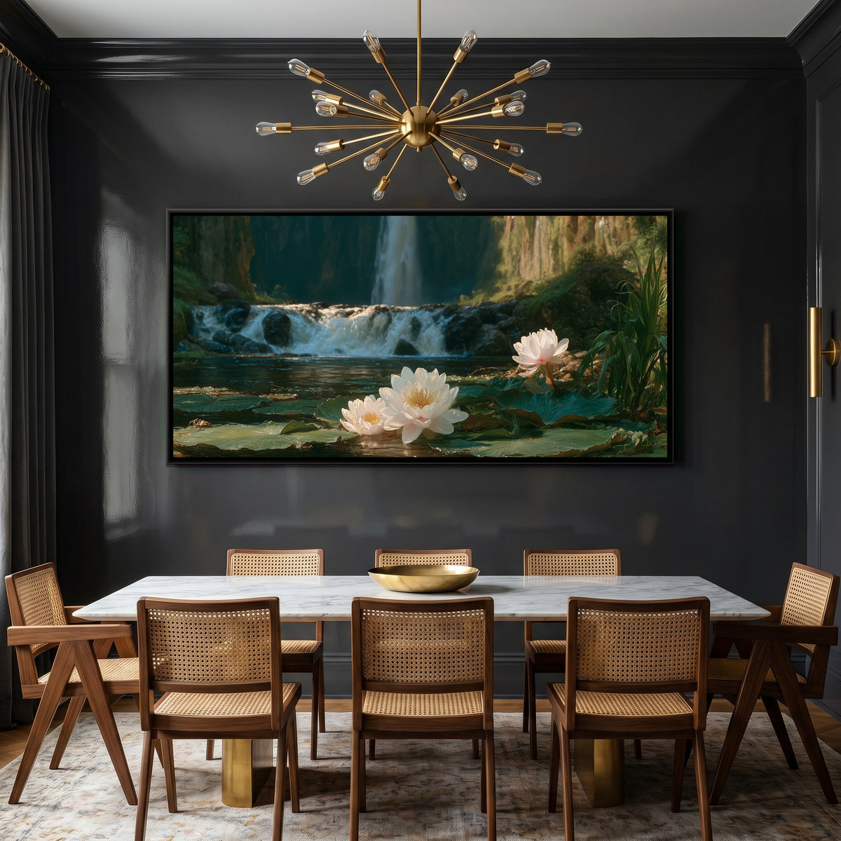 Waterfall and Water Lilies — canvas art shown in a second room setting