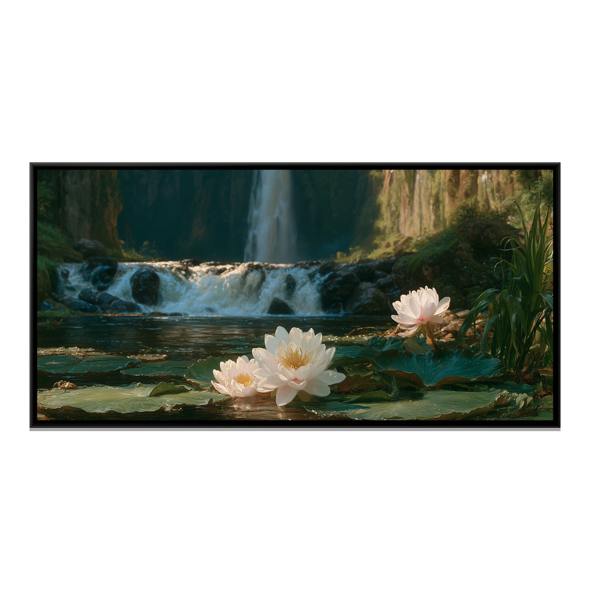 Waterfall and Water Lilies — framed canvas print, front view