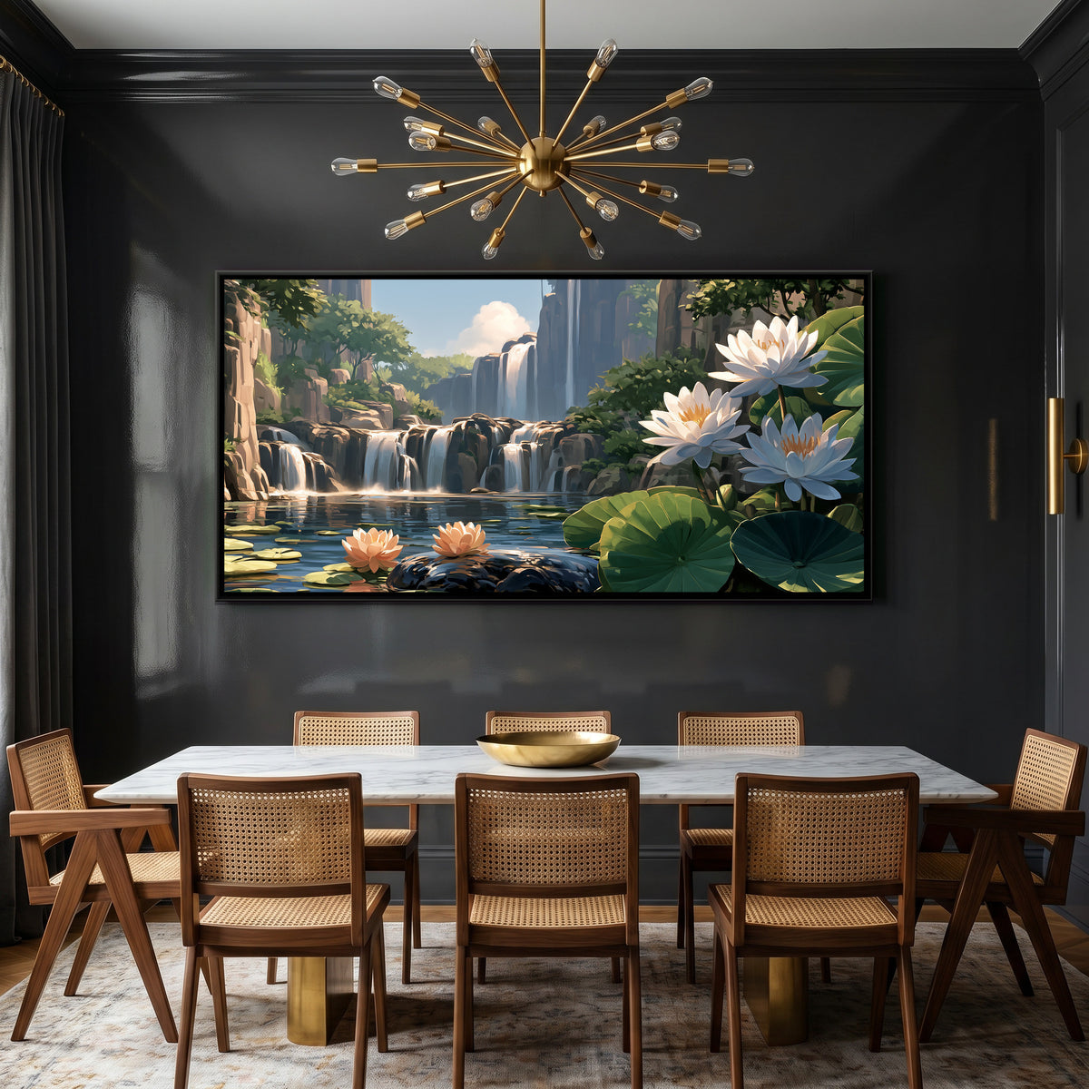 Waterfall and Water Lilies — canvas art shown in a second room setting