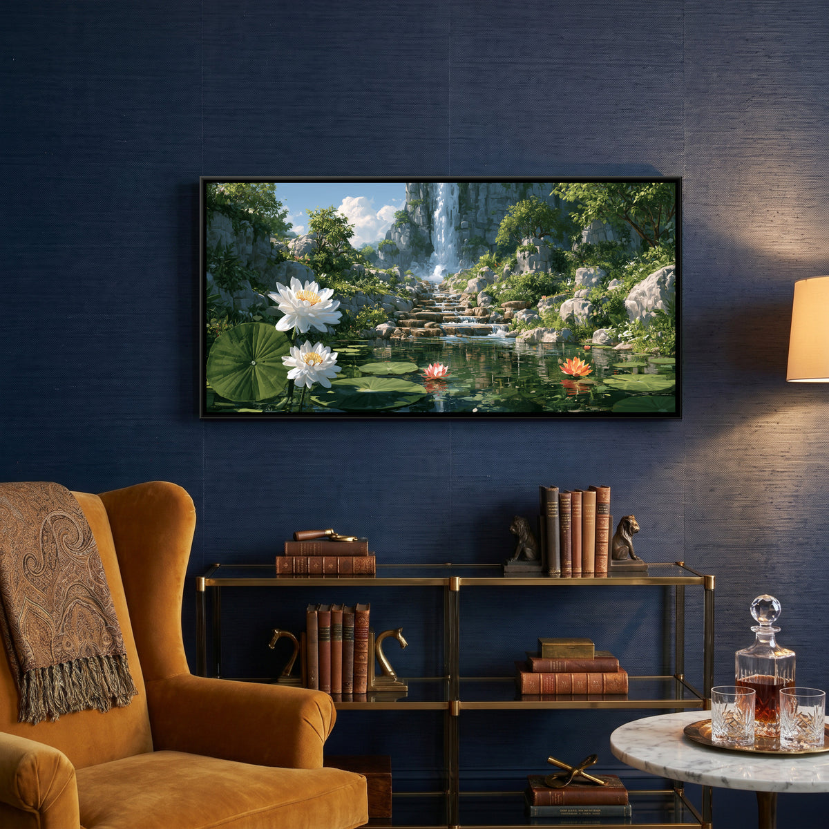 Waterfall and Water Lilies — canvas art shown in a styled room