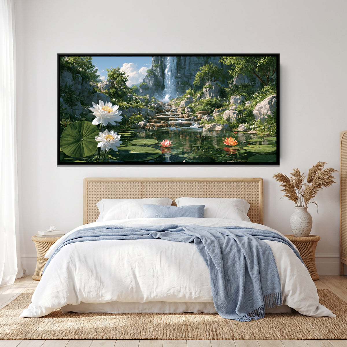 Waterfall and Water Lilies — canvas art shown in a second room setting