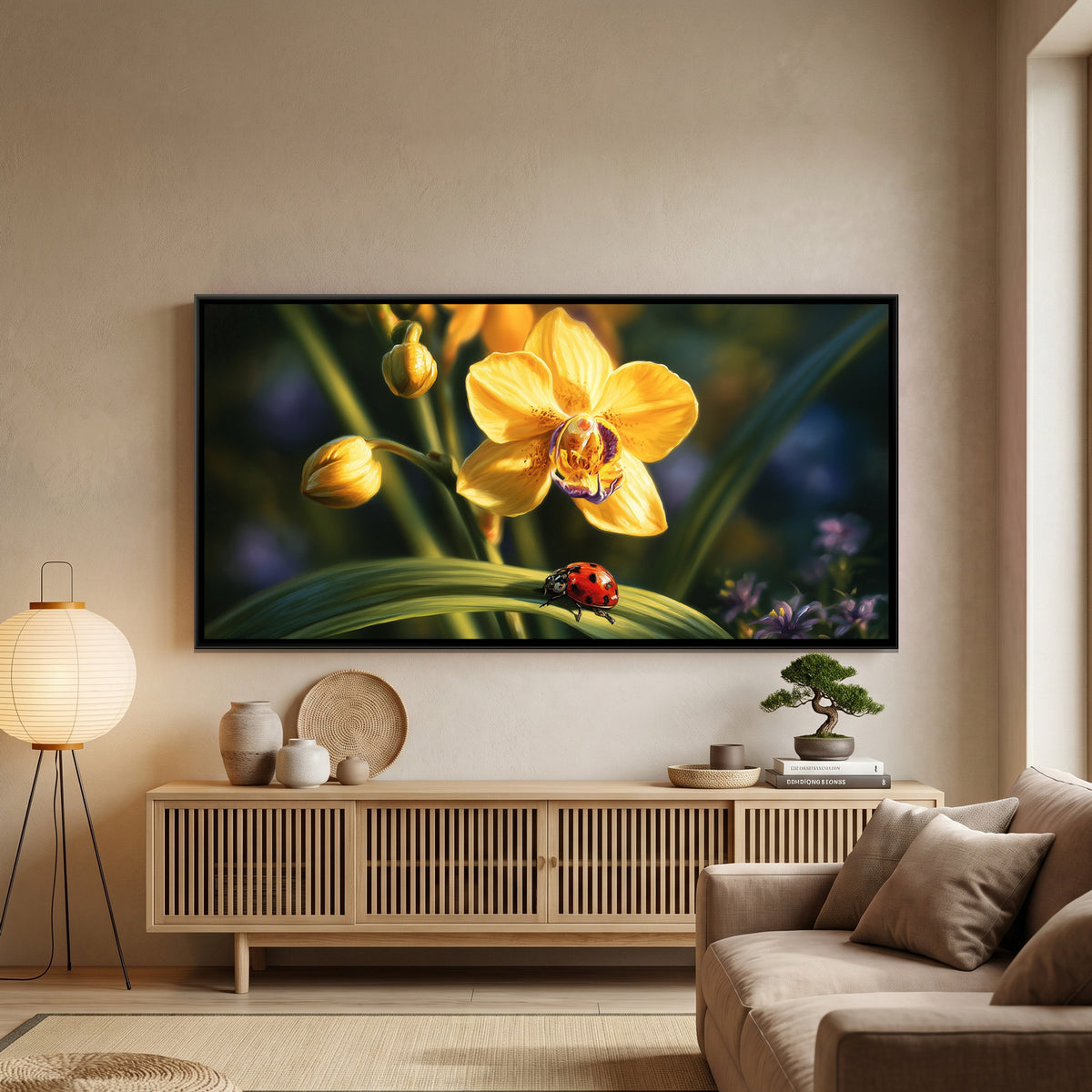 Yellow Orchid and Ladybug — framed canvas art hung on a wall