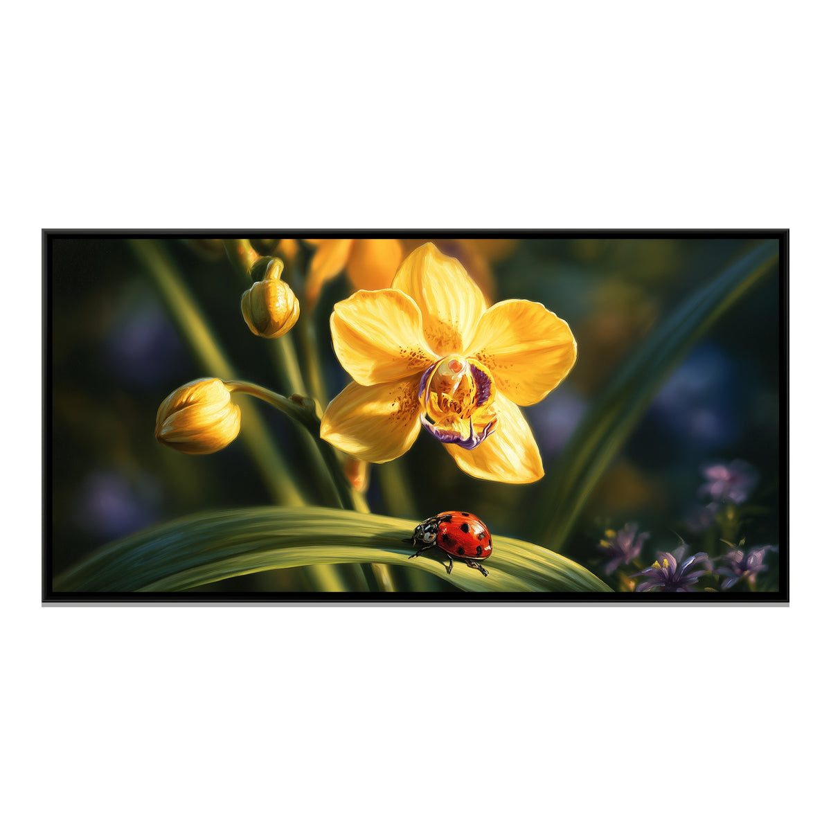Yellow Orchid and Ladybug — framed canvas print, front view