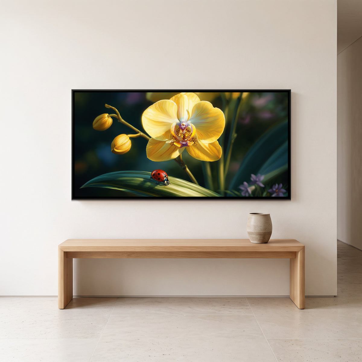 Yellow Orchid and Ladybug — canvas art shown in a styled room