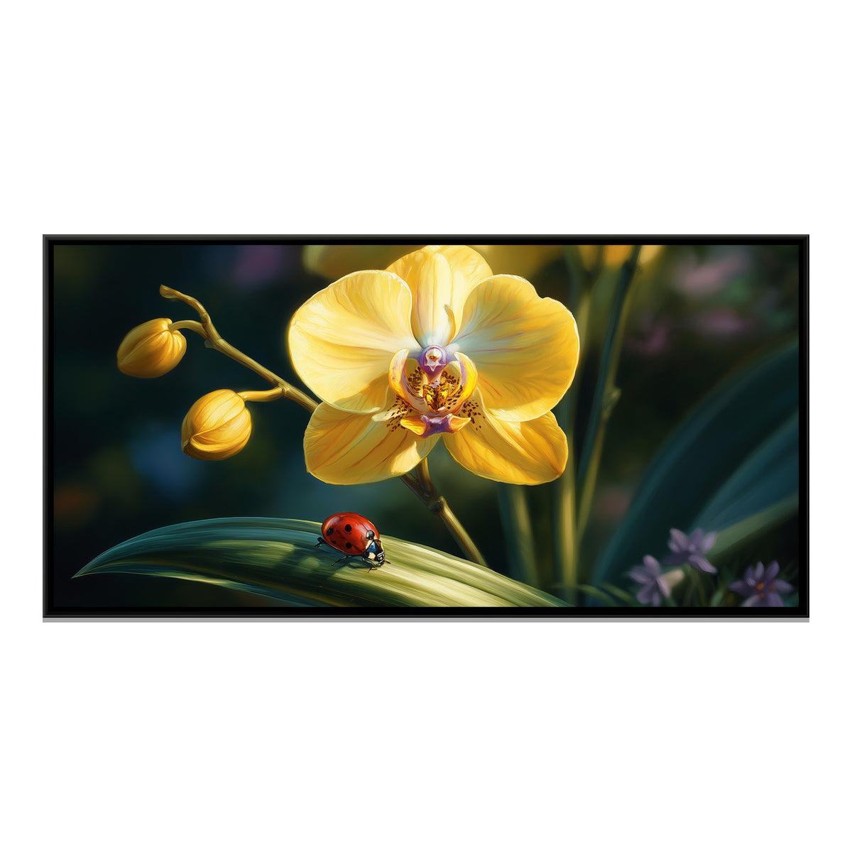 Yellow Orchid and Ladybug — framed canvas print, front view